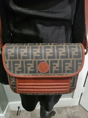 FENDI Zucca shoulder bag FF logo canvas leather brown.